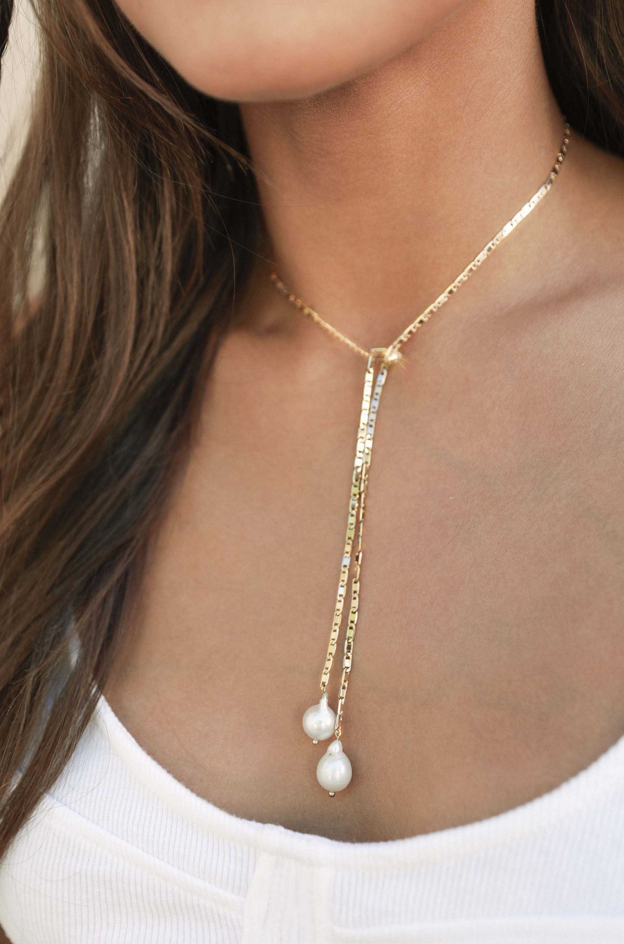 Necklaces Ettika | Minimalist 18K Gold Plated Chain And Freshwater Pearl Bolo Lariat Necklace