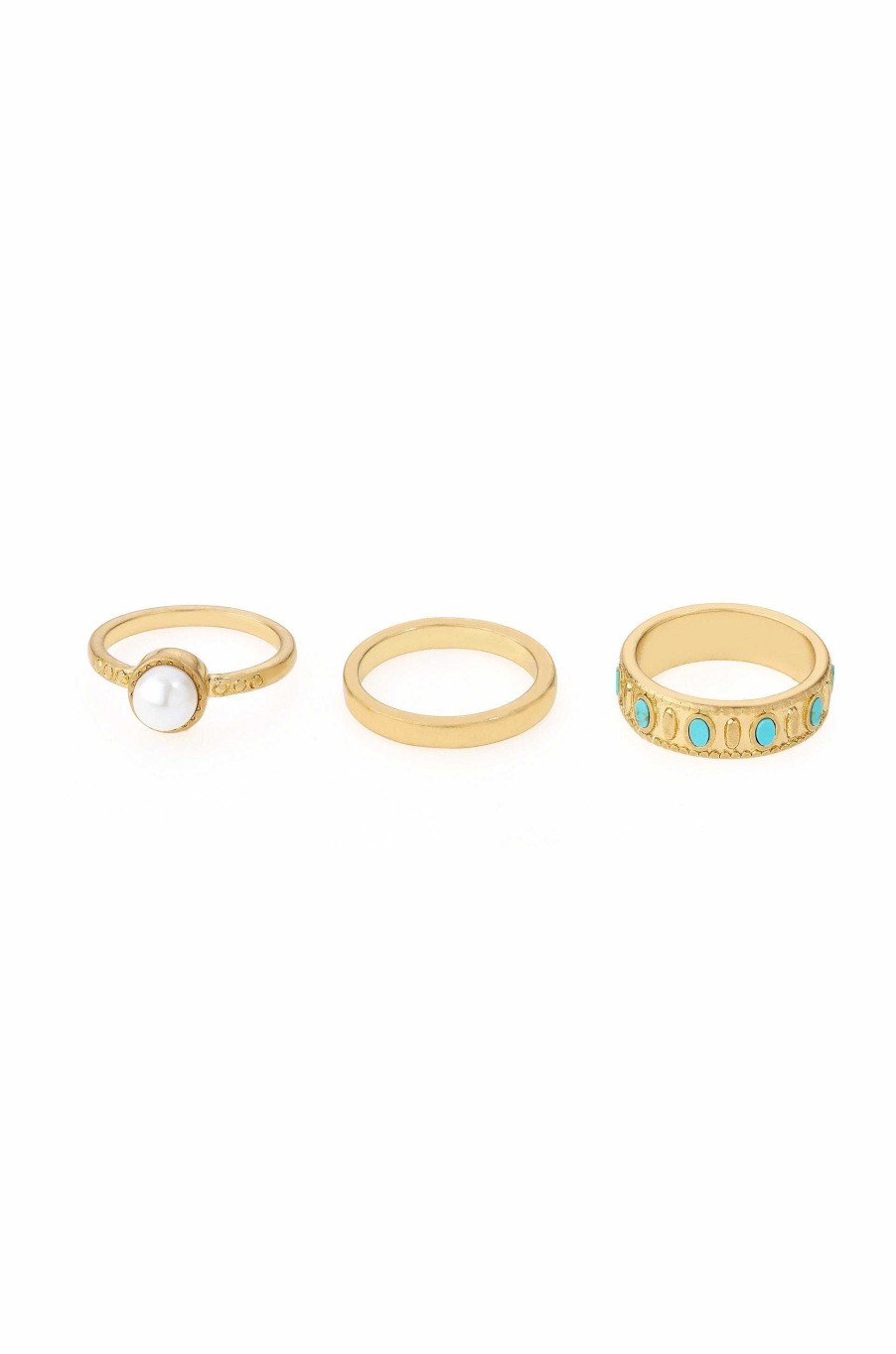 Rings Ettika | Turquoise And Pearl Worn 18K Gold Plated Ring Set