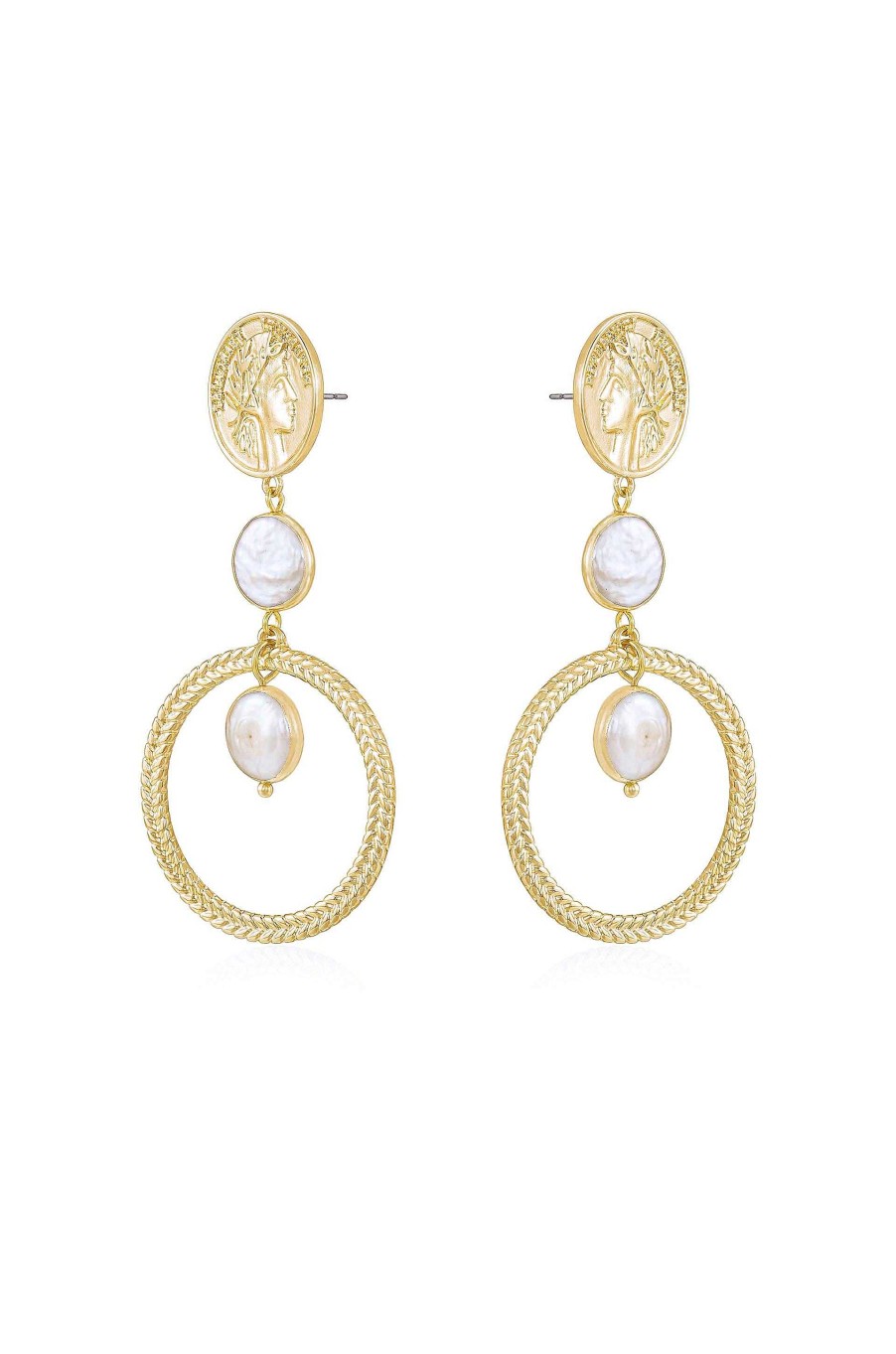 Earrings Ettika | Your Majesty Coin & Freshwater Pearl Drop 18K Gold Plated Earrings