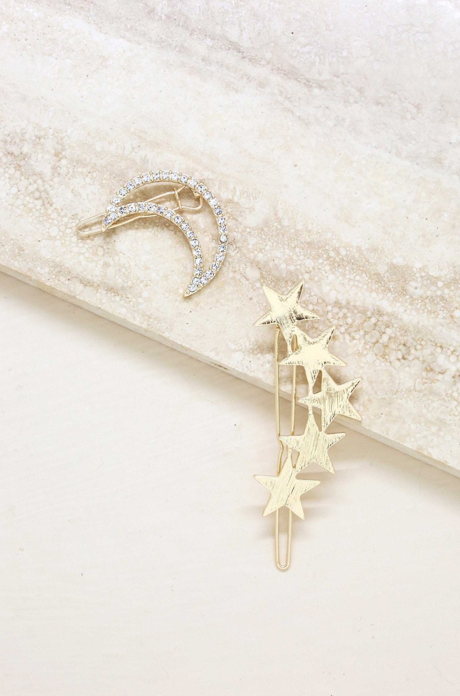 Hair Accessories Ettika | Stars And Moon Set Of 2 Hair Barrettes In Gold