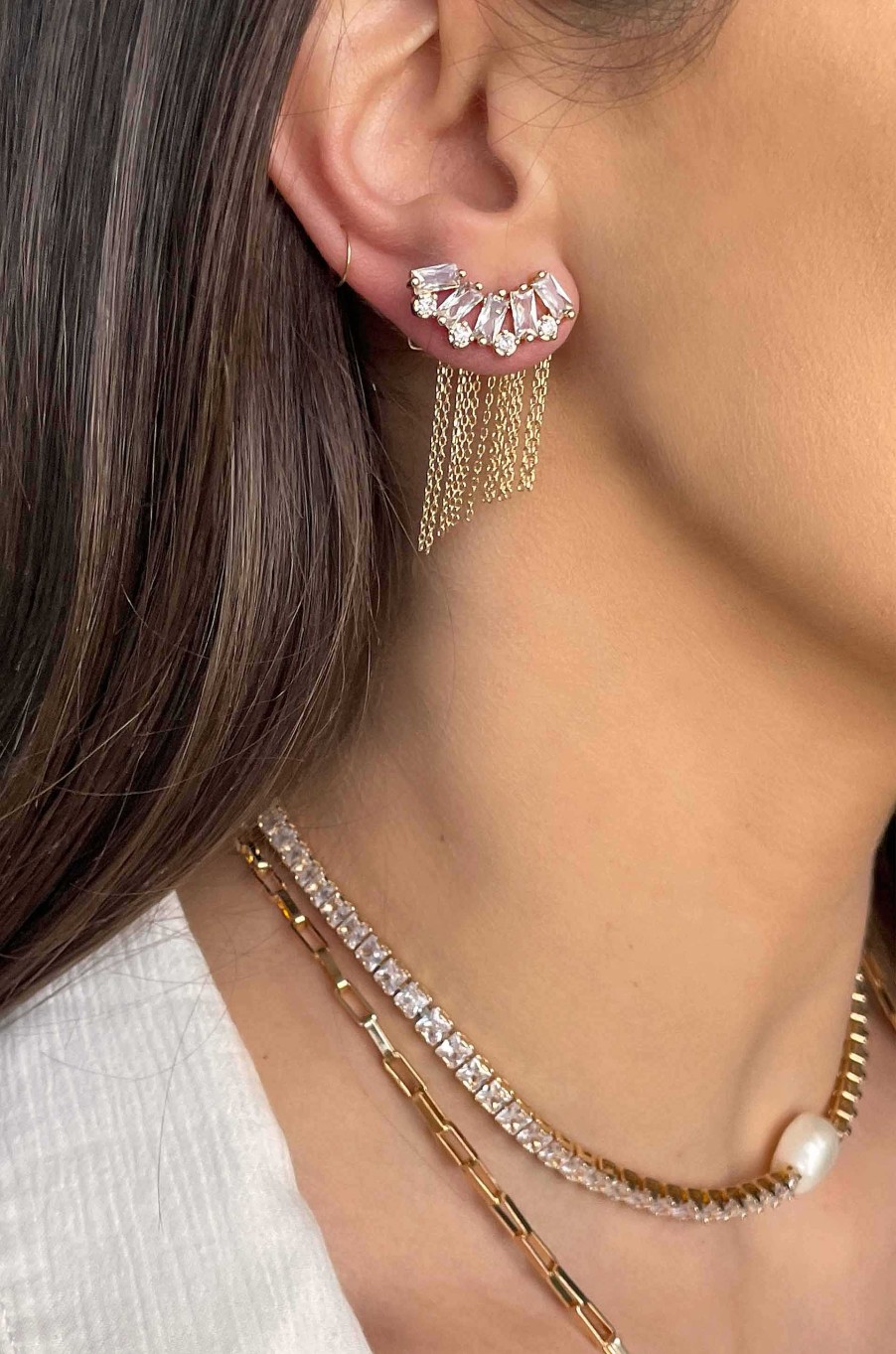 Earrings Ettika | Baguette Crystal Three-In-One 18K Gold Plated Ear Crawlers