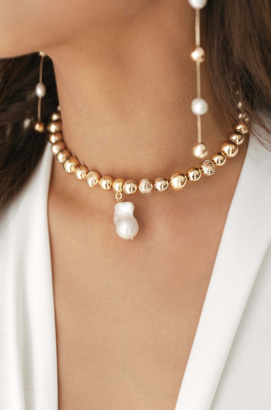 Necklaces Ettika | Baroque Freshwater Pearl Charm 18K Gold Plated Ball Chain Choker