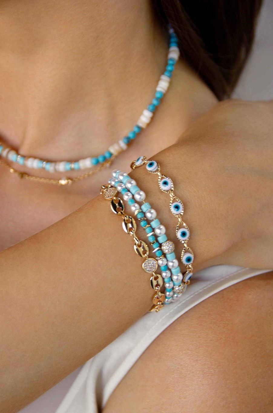 Bracelets Ettika | Turquoise And Pearl Protection Spell 18K Gold Plated Bracelet Set