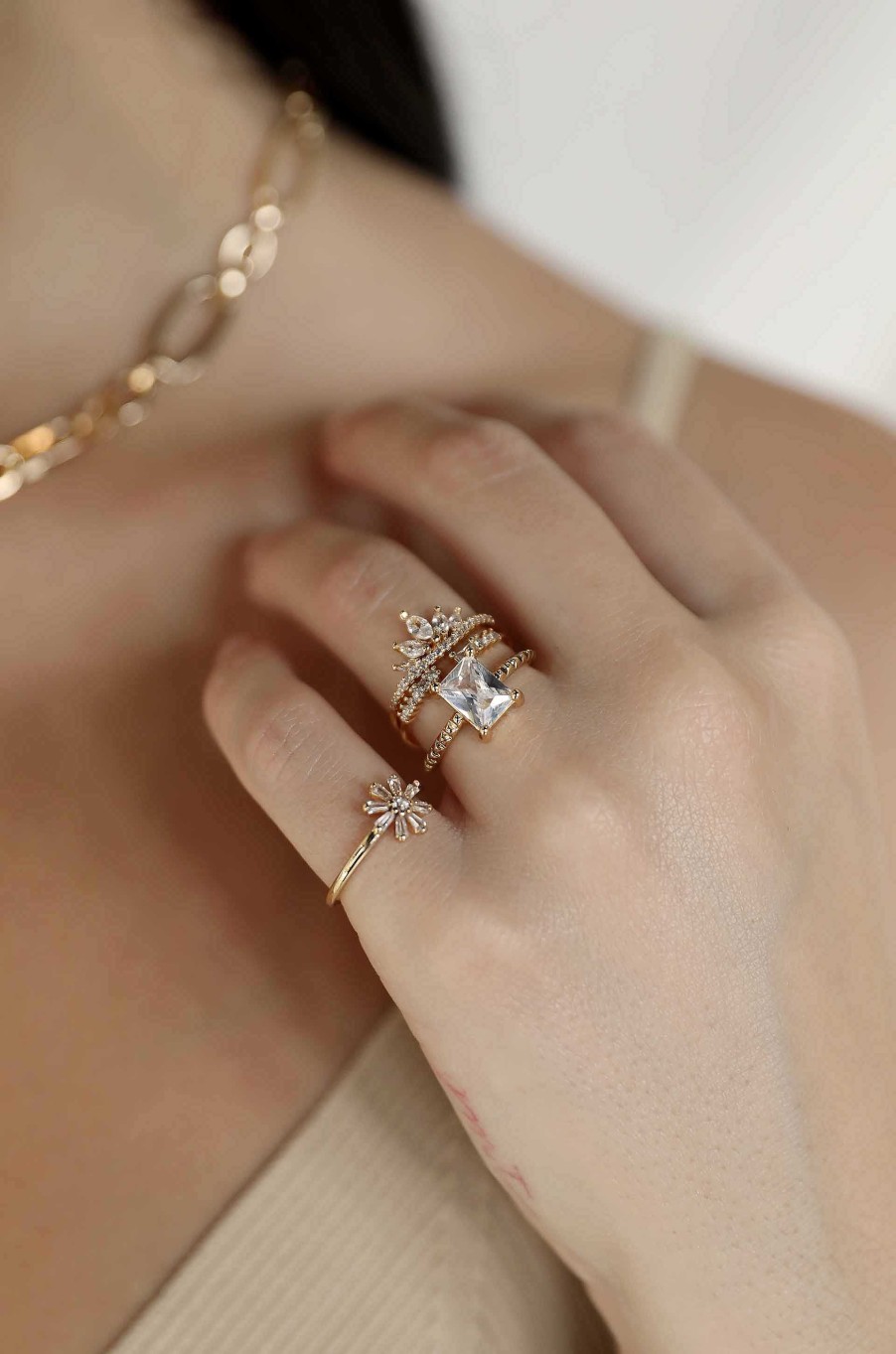 Rings Ettika | Delicate Daisy Crystal 18K Gold Plated Ring Set