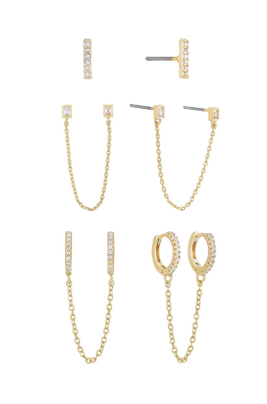 Earrings Ettika | Chain Dangle Duo And Stud Earring Layering 18K Gold Plated Set Of 3