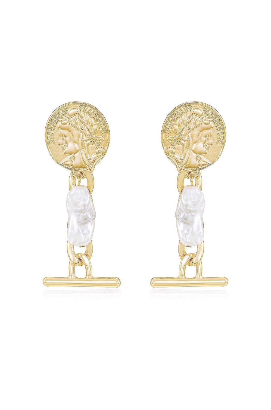 Earrings Ettika | Ancient Coin And Pearl Charm 18K Gold Plated Drop Earrings