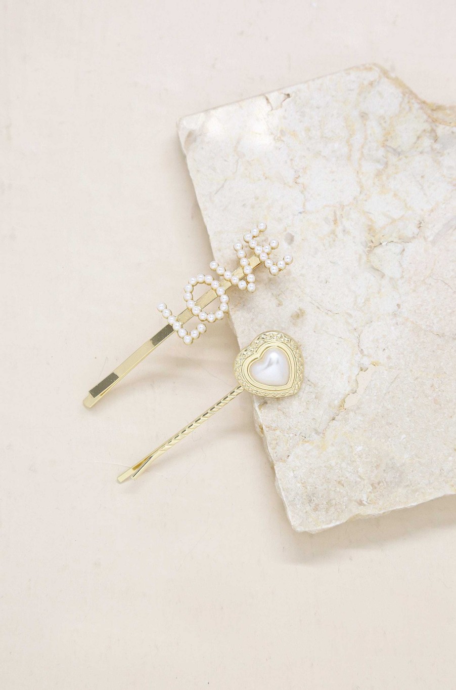 Hair Accessories Ettika | Pearl & Gold Love Heart Hair Pin Set