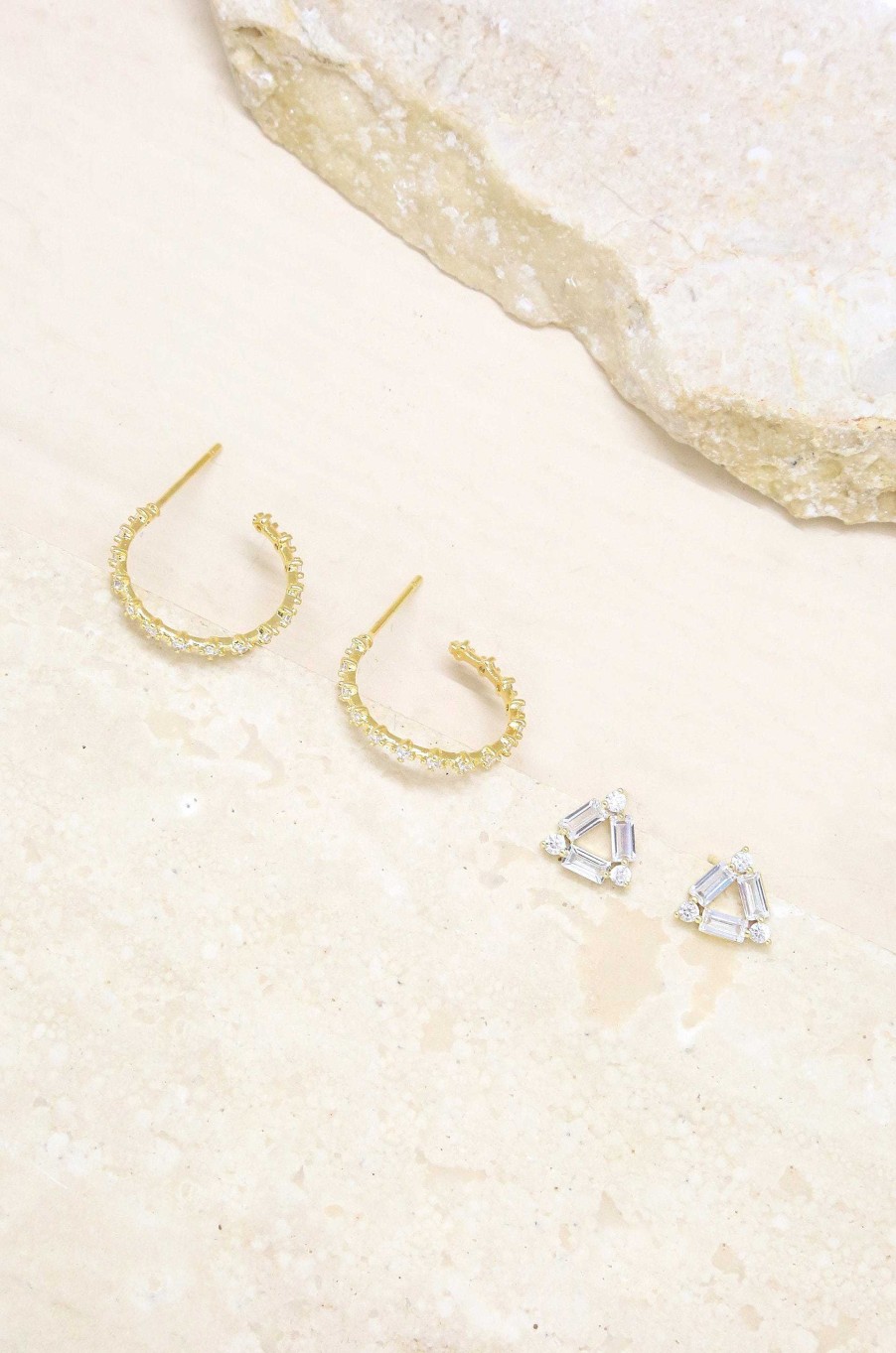 Earrings Ettika | Triangle Crystal Stud & 18K Gold Plated Hoop Earring Set