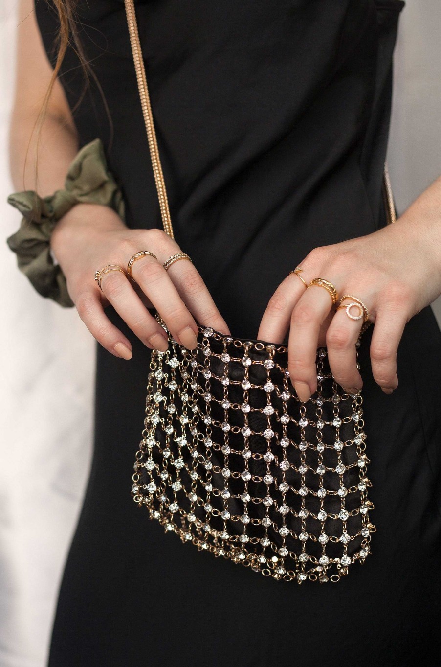 Bags & Hats Ettika | Crystal Criss Cross Chain Bag In Black & Gold