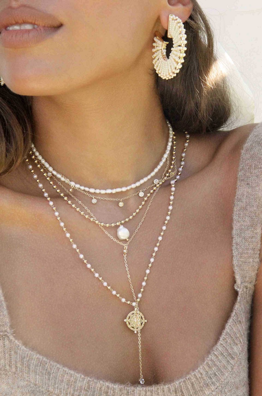 Necklaces Ettika | Long Travels Pearl & 18K Gold Plated Ball Chain Necklace